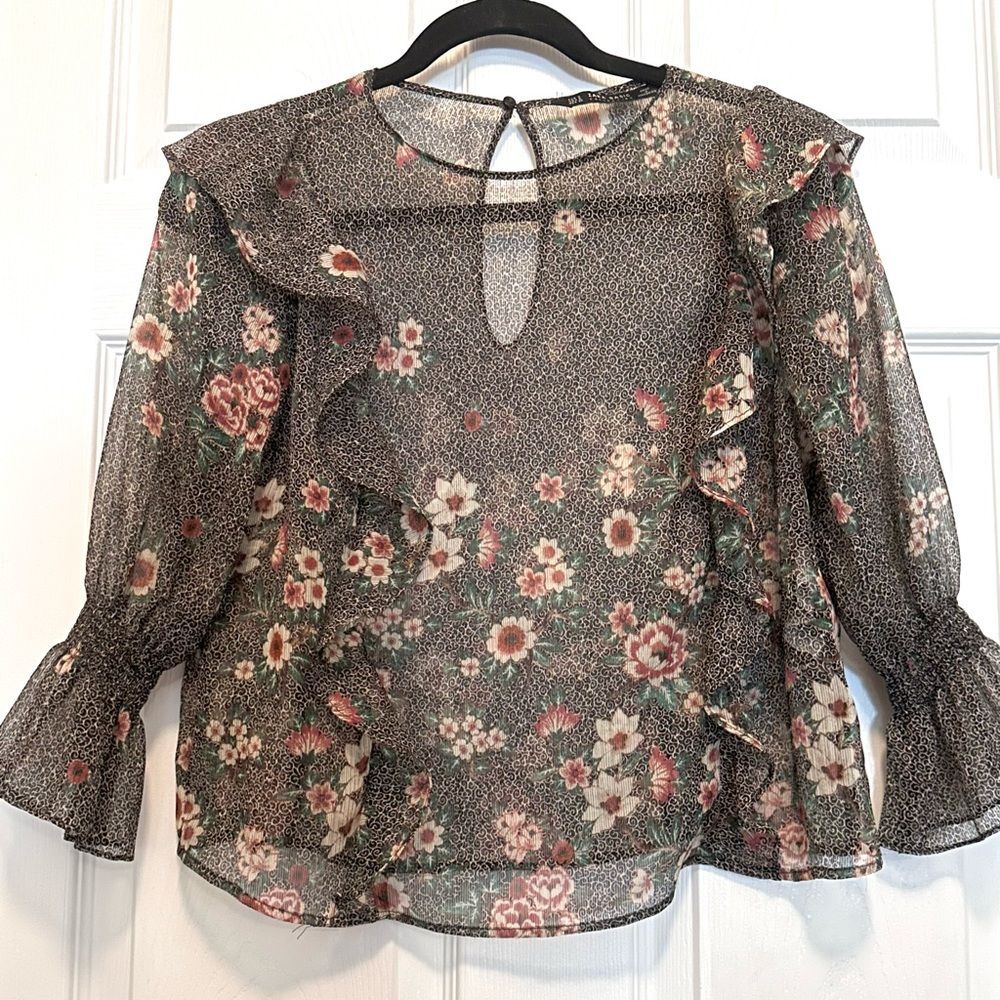 EUC Zara Sheer Ruffle Floral Top